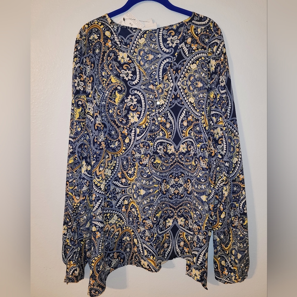 V Neck Long Sleeve Blouse 4X Navy Paisley
